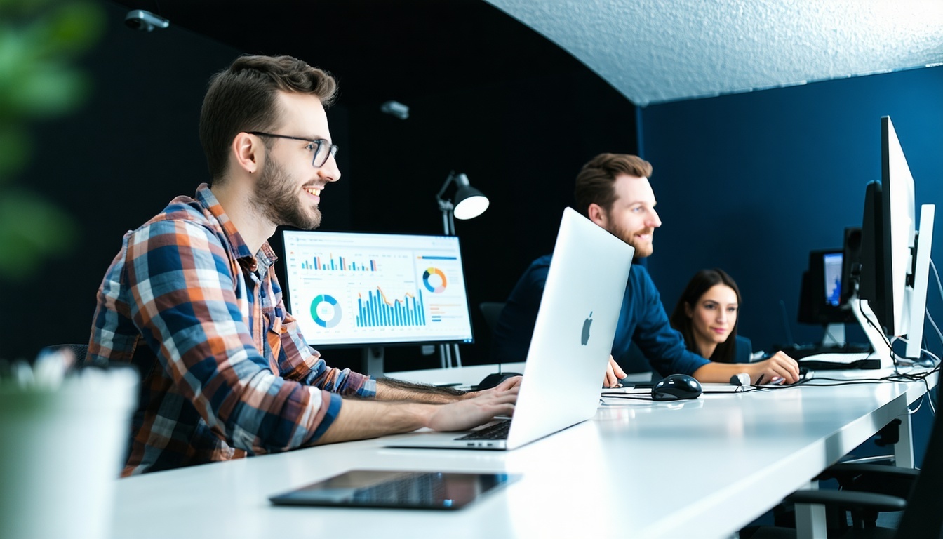 Professional web application development team at work